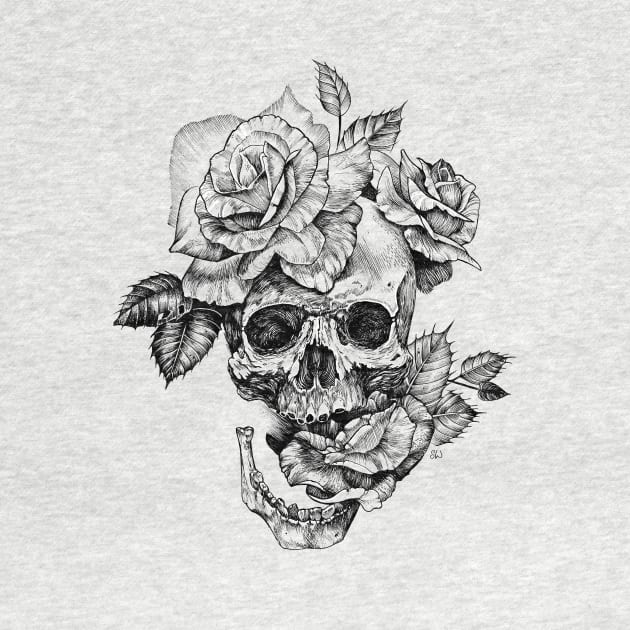 Black and White ink drawing Skull With Roses by Saraknid